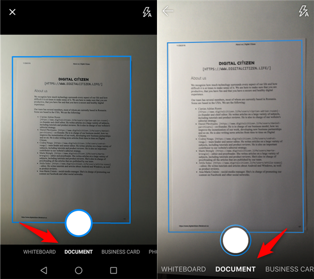 Choosing the type of the scan: whiteboard, document, business card or photo