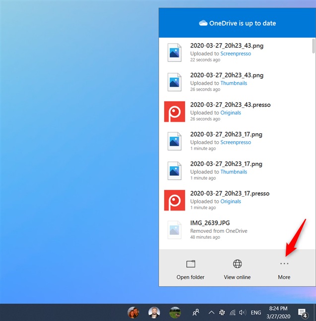 The More button from OneDrive's popup