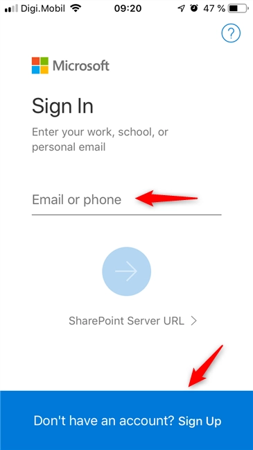 Signing in or creating a new Microsoft account