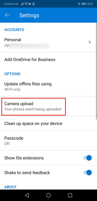 Change settings for Camera Upload in OneDrive for Android