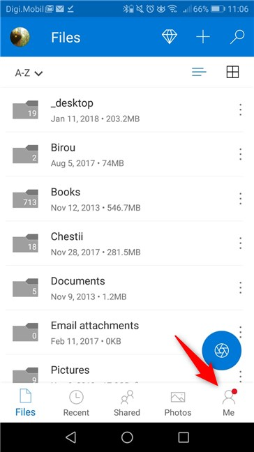 The Me button from the OneDrive app