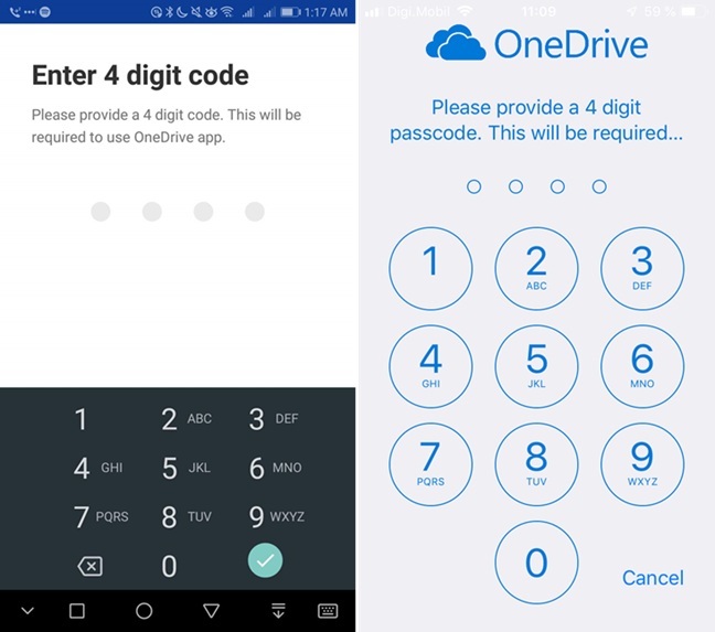 Choose your passcode in OneDrive for Android or iOS