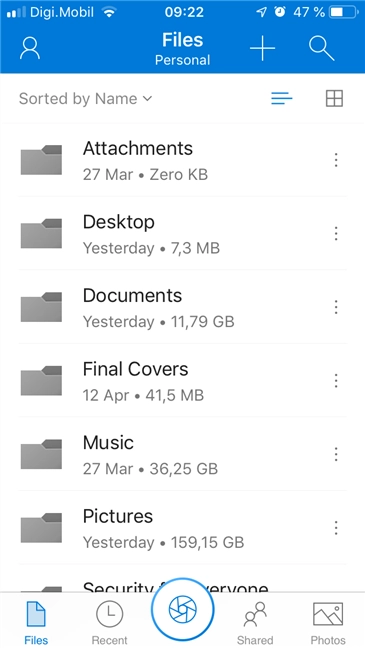 The OneDrive app showing the files and folders from a personal account