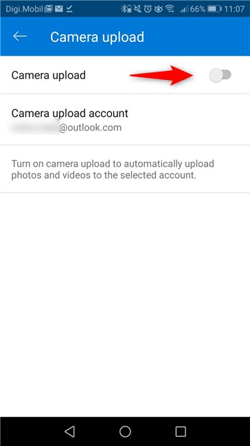 The Camera Upload switch from the OneDrive app