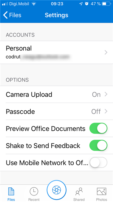 The Settings available in the OneDrive app for iOS