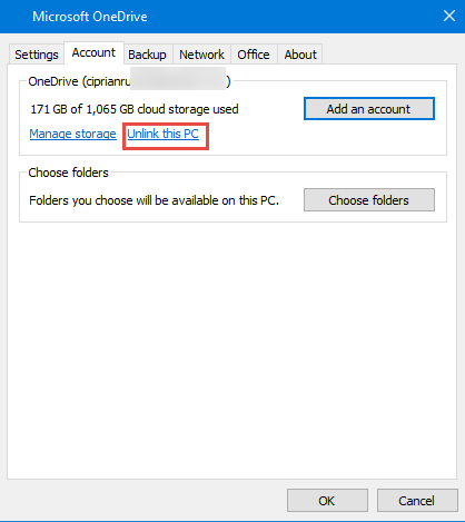 Unlink this PC from OneDrive
