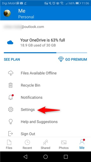 The Settings entry from the OneDrive app in Android