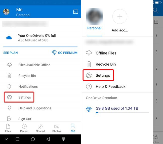 Open Settings in OneDrive for Android or iOS