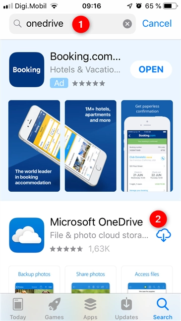 Searching for OneDrive in the App Store