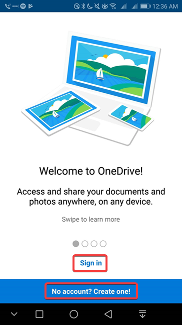 Sign in or sign up in OneDrive for Android