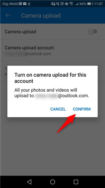 Enabling the camera upload feature in the OneDrive app