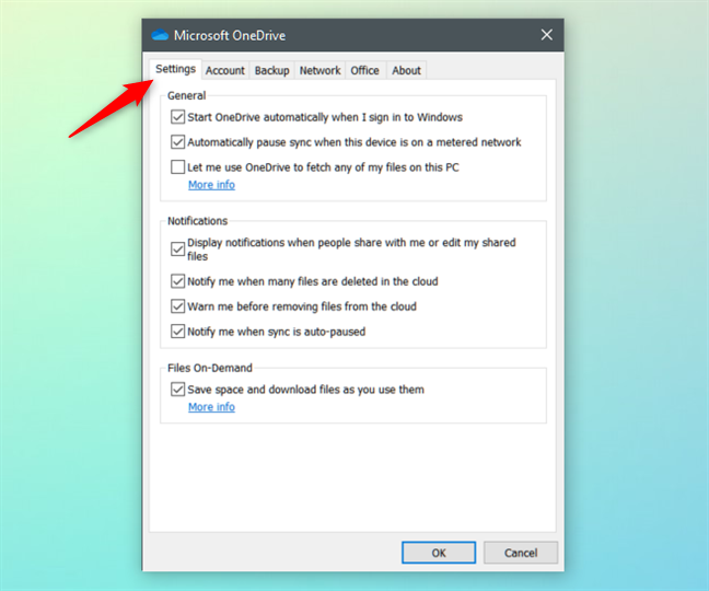 The Settings tab of Microsoft OneDrive