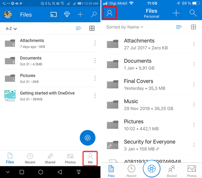 Open Me icon in OneDrive for Android and iOS