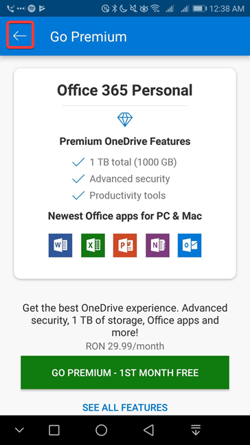 Go Premium offer in OneDrive for Android