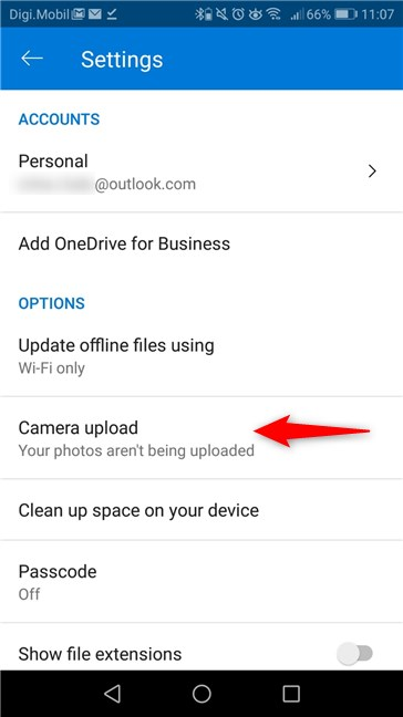 The Camera Upload entry from the OneDrive app