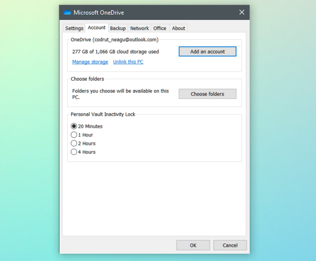 The Microsoft OneDrive configuration window