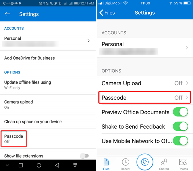 Open Passcode settings in OneDrive for Android or iOS