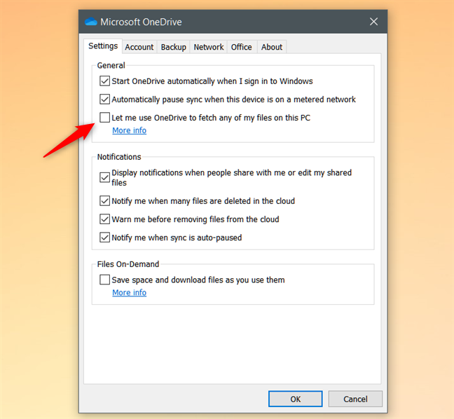 Disable the Let me use OneDrive to fetch any of my files on this PC