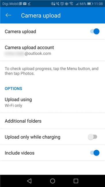 Camera upload options available in OneDrive for Android