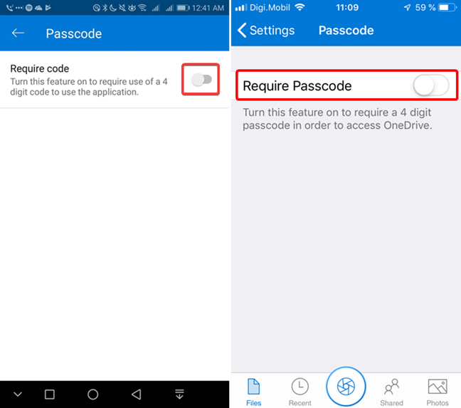 Turn on Passcode in OneDrive for Android and iOS