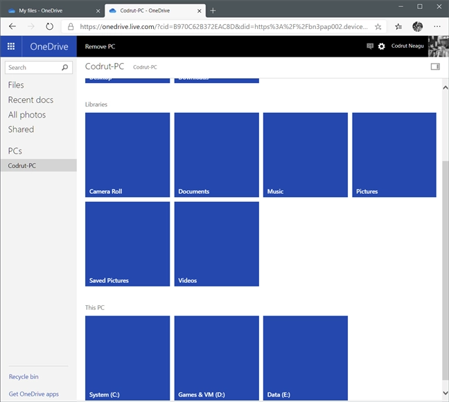 OneDrive's Fetch Files shows the drives, libraries, and favorite folders on a PC