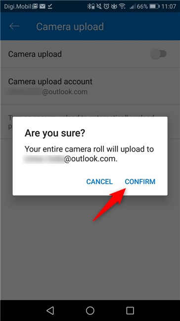 Confirming the activation of the camera upload feature