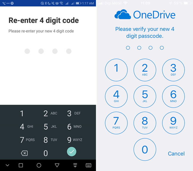 Confirm your passcode in OneDrive for Android or iOS