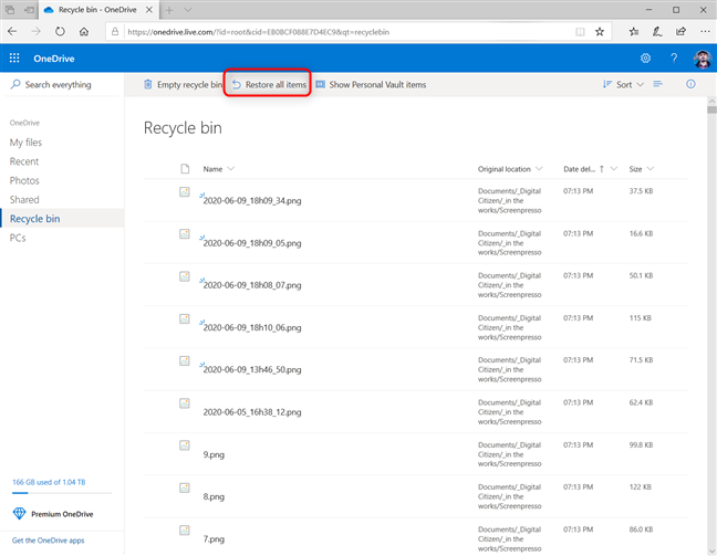 Restore all items from OneDrive's Recycle Bin