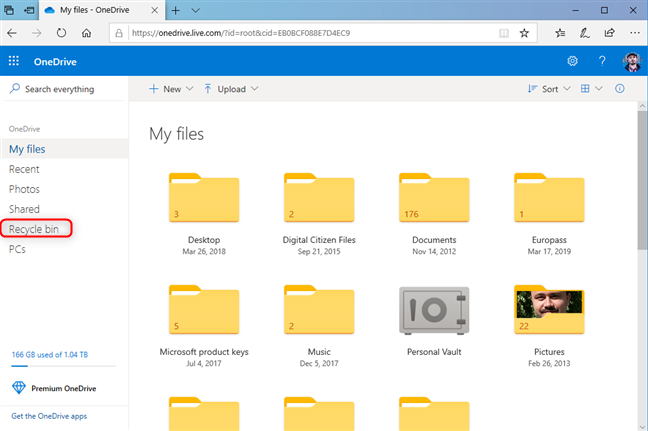 How to access the Recycle bin on the OneDrive website