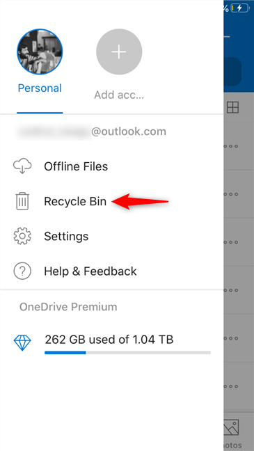 Tap Recycle Bin in the OneDrive app for iPhone