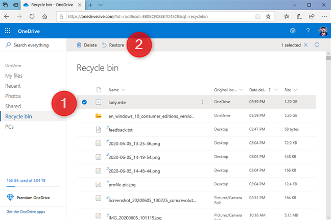 recover deleted files on shared onedrive