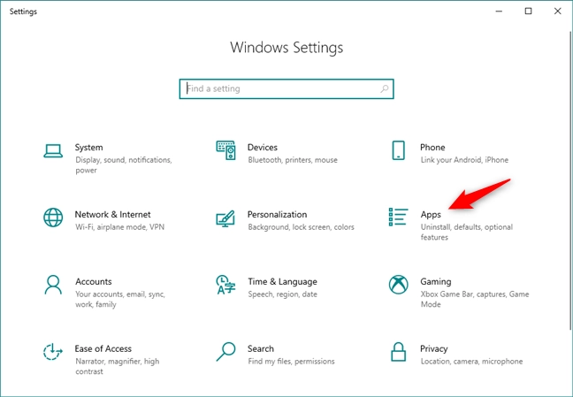 The Apps category from Windows 10 Settings
