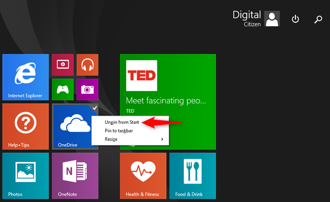 Unpin OneDrive from the Start screen of Windows 8.1