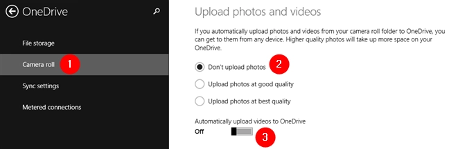 Don't upload photos and don't Automatically upload videos to OneDrive