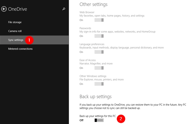 Disable the Back up your settings for this PC switch