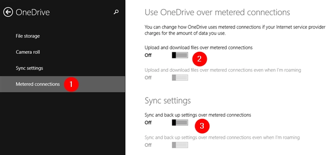Turn off all the OneDrive settings for Metered connections