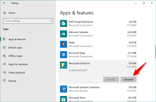 Choosing to Uninstall Microsoft OneDrive from Windows 10