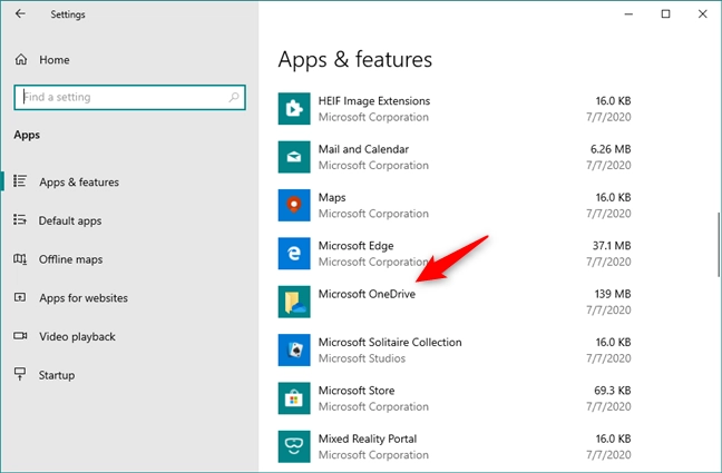 Microsoft OneDrive app shown in the Apps &amp; features list