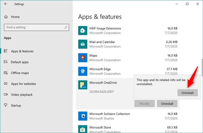Confirming that you want to remove OneDrive in Windows 10