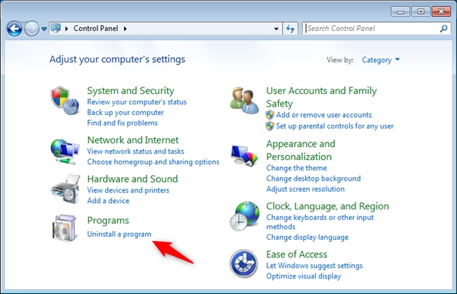 Uninstall a program link from Windows 7's Control Panel