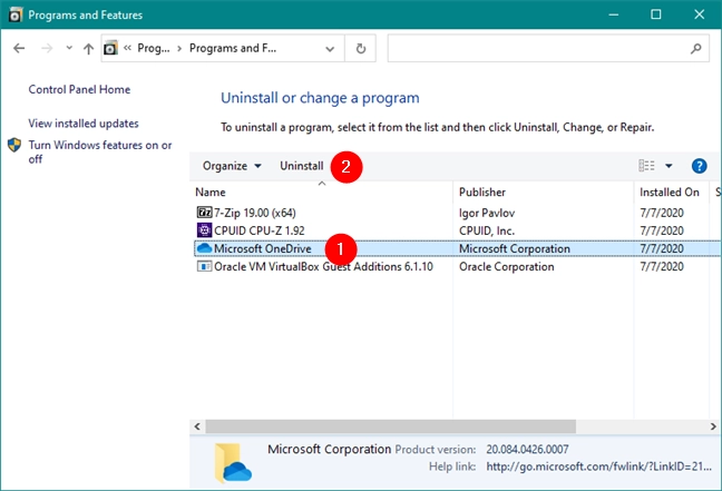Uninstall Microsoft OneDrive from Control Panel