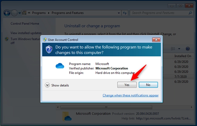 UAC notification to confirm that you want to remove OneDrive