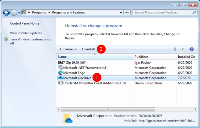 The OneDrive Uninstall button from Control Panel