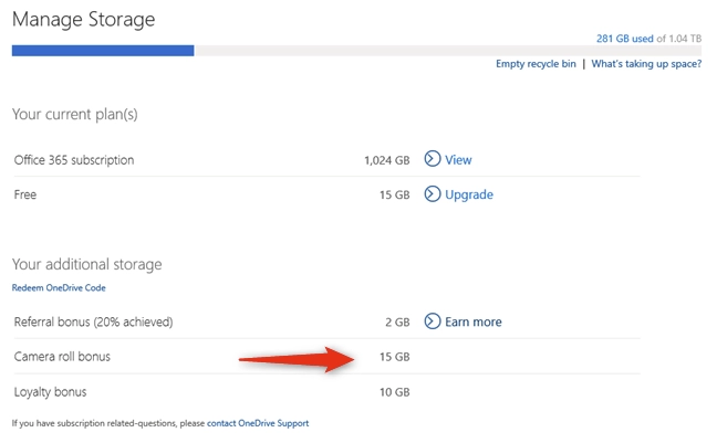 Microsoft used to offer free Camera roll bonus in OneDrive storage space