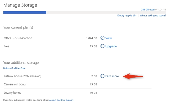 Referral bonus can get you another 10 GB of free OneDrive storage space