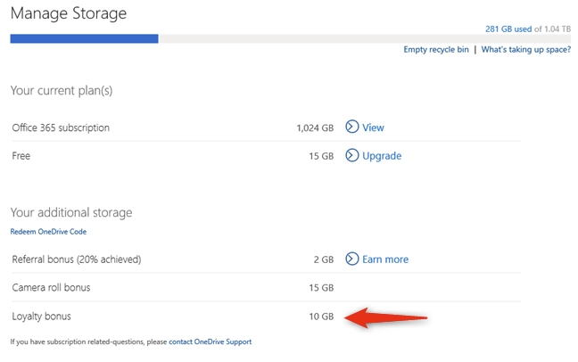 OneDrive long time users have the Loyalty bonus free storage space