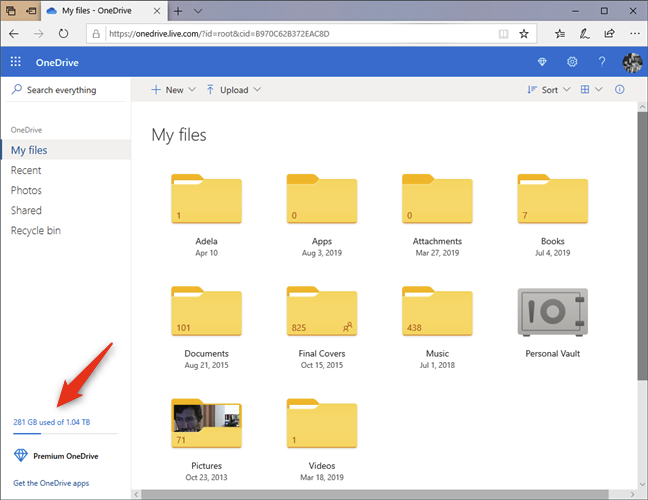 OneDrive's website shows the used and total storage capacity