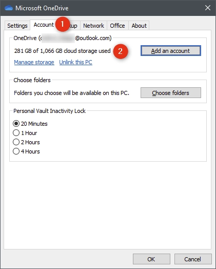The Microsoft OneDrive app from Windows 10 shows the storage space you have
