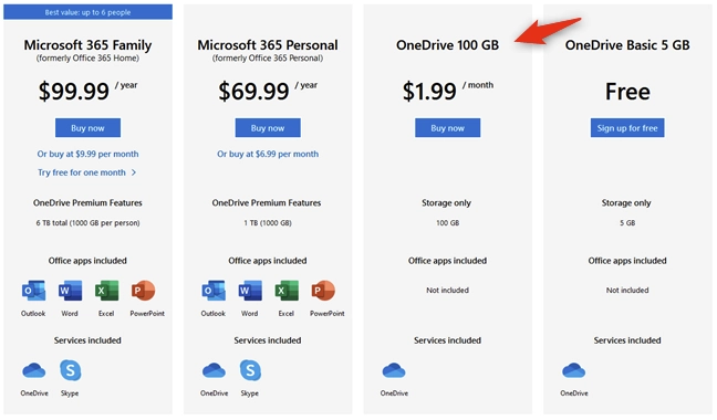 OneDrive 100 GB costs 1.99 USD per month