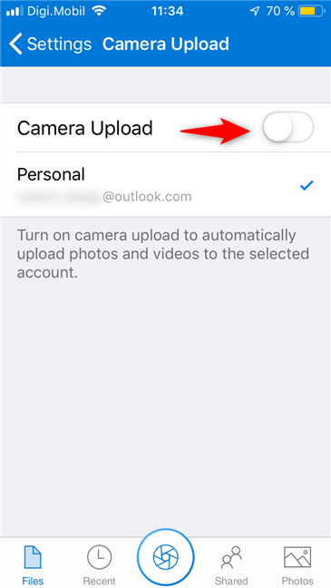 The Camera Upload switch from OneDrive for iPhone